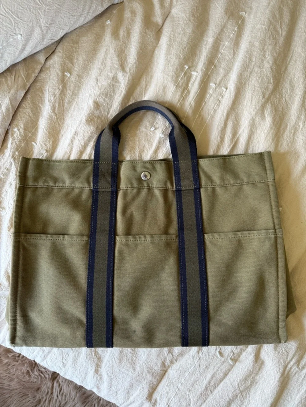 Hermes Olive Canvas tote with Navy Trim